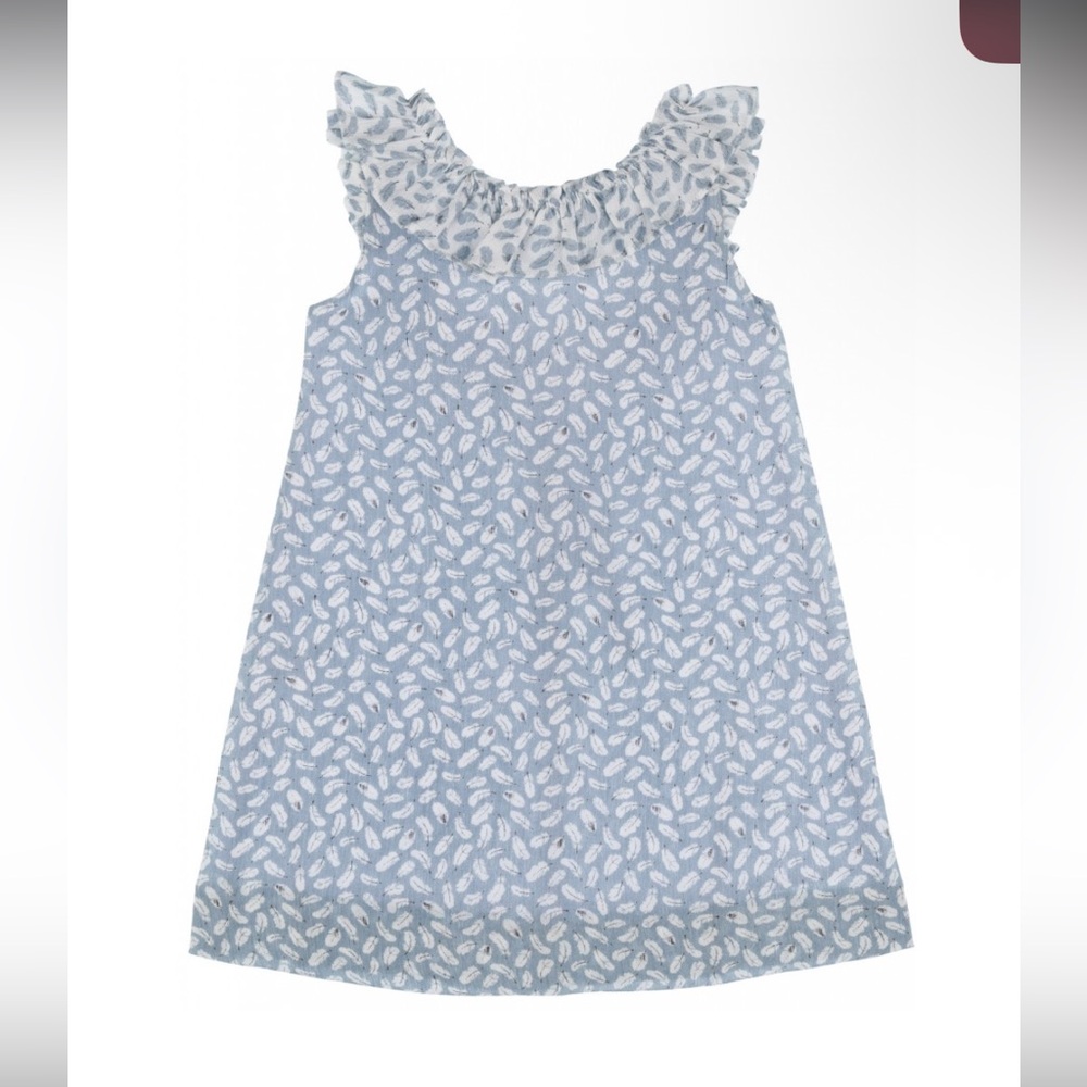 Childrenchic GIRLS BLUE FEATHER PRINT DRESS WITH RUFFLE COLLAR